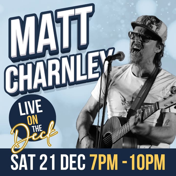 Featured image for “This Saturday, bring your friends & family down to the Sporties -kick back, relax, & enjoy some live entertainment from Matt Charnely, playing LIVE on The Deck from 7pm”